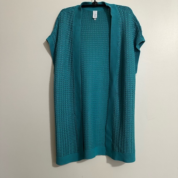 Jones New York Sweaters - Jones New York Turquoise OpenWeave Cotton Blend Sleeveless Cardigan Vest, Size M